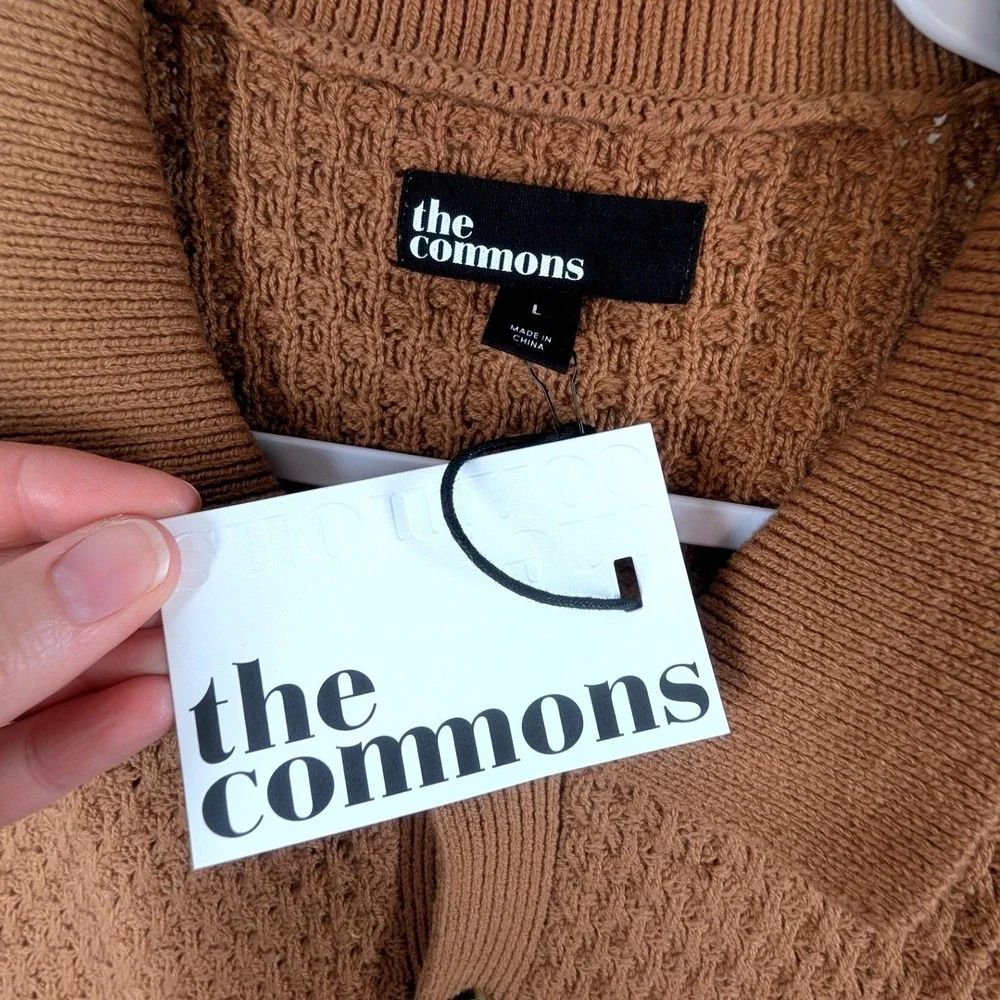 NWT The Commons Mens Textured Knit‎ Long Sleeve Polo Sweater Camel Brown Large